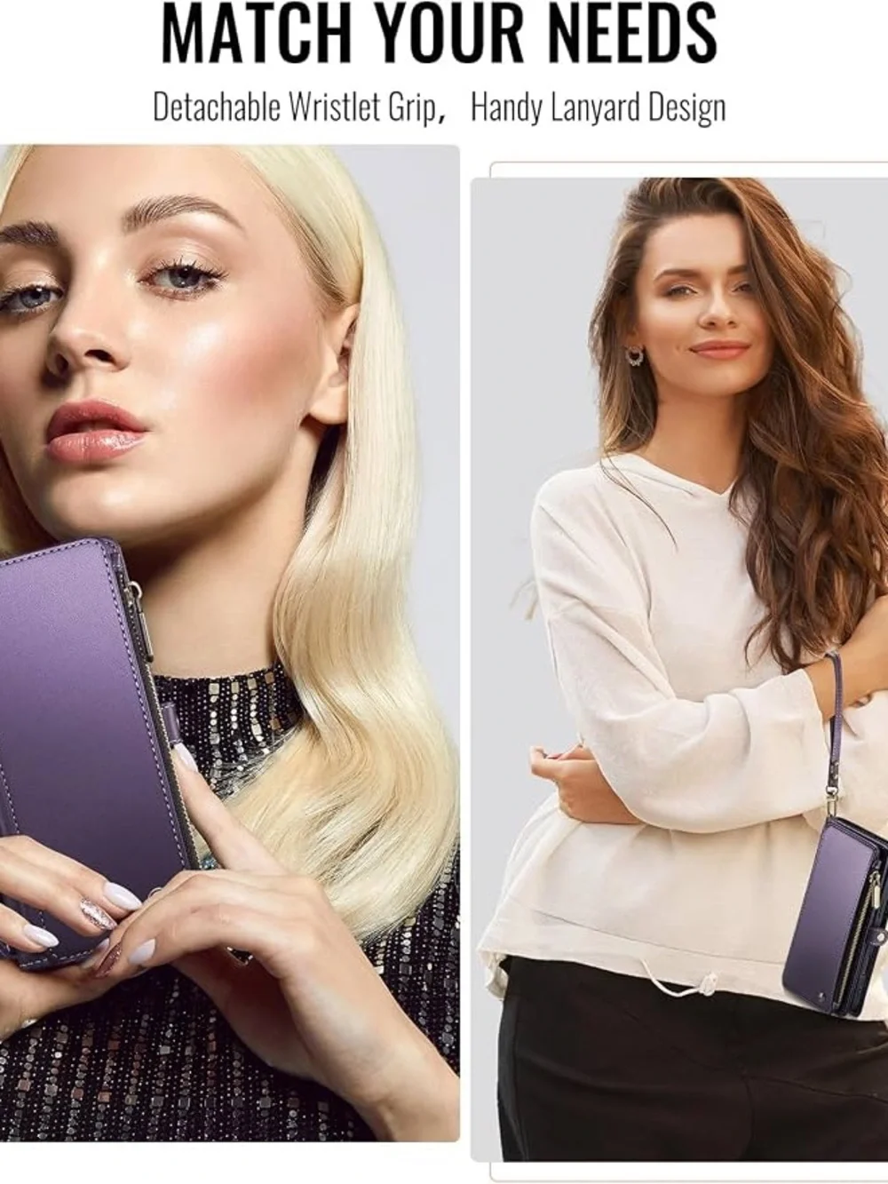 Women's Purple Leather Wallet Wristlet - Elegant Zip Closure